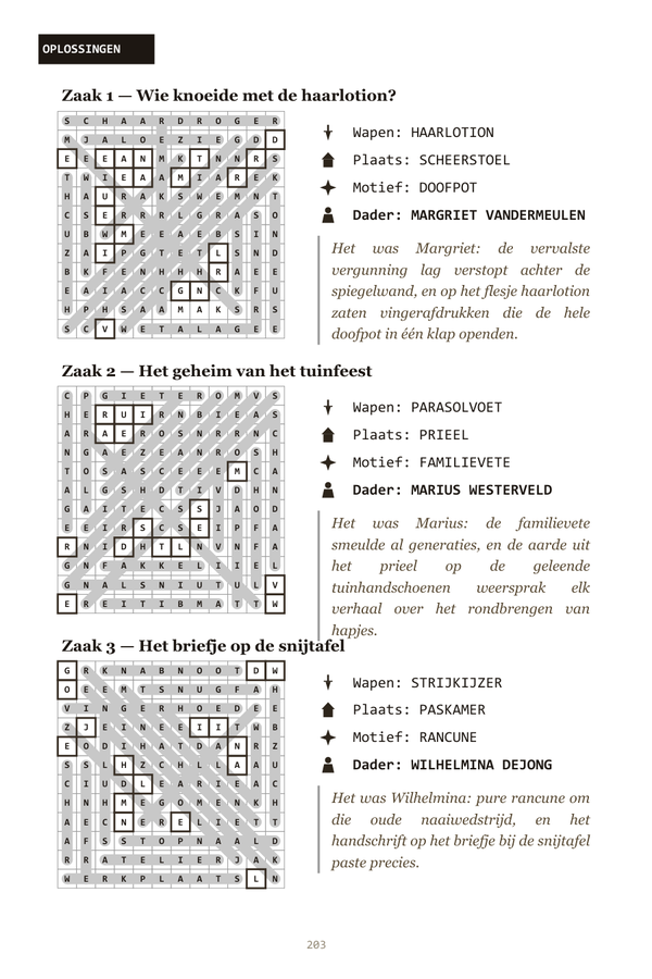 Blik in de oplossing — een oplossingspagina met het rooster opgelost en de dader onthuld, woordzoeker met oplossingen